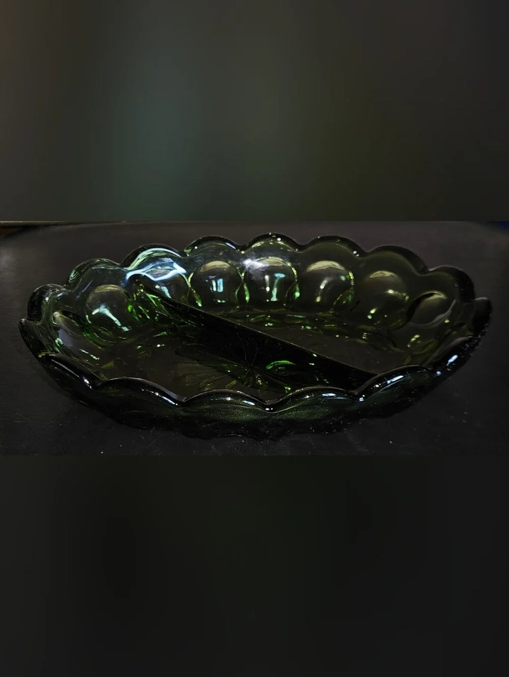 Vintage Anchor Hock Olive Green Glass Oval Serving Dish Divided Scalloped Edge